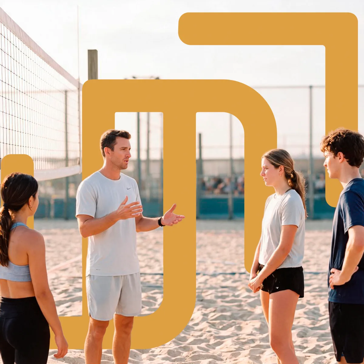 Instrutor conversando com três alunos em frente à rede, na quadra de areia