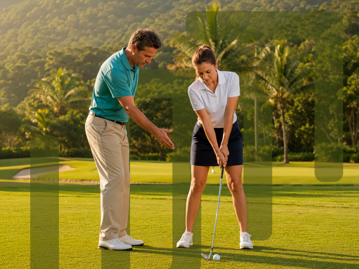 Professor de golfe orientando uma aluna na tacada, no gramado do campo