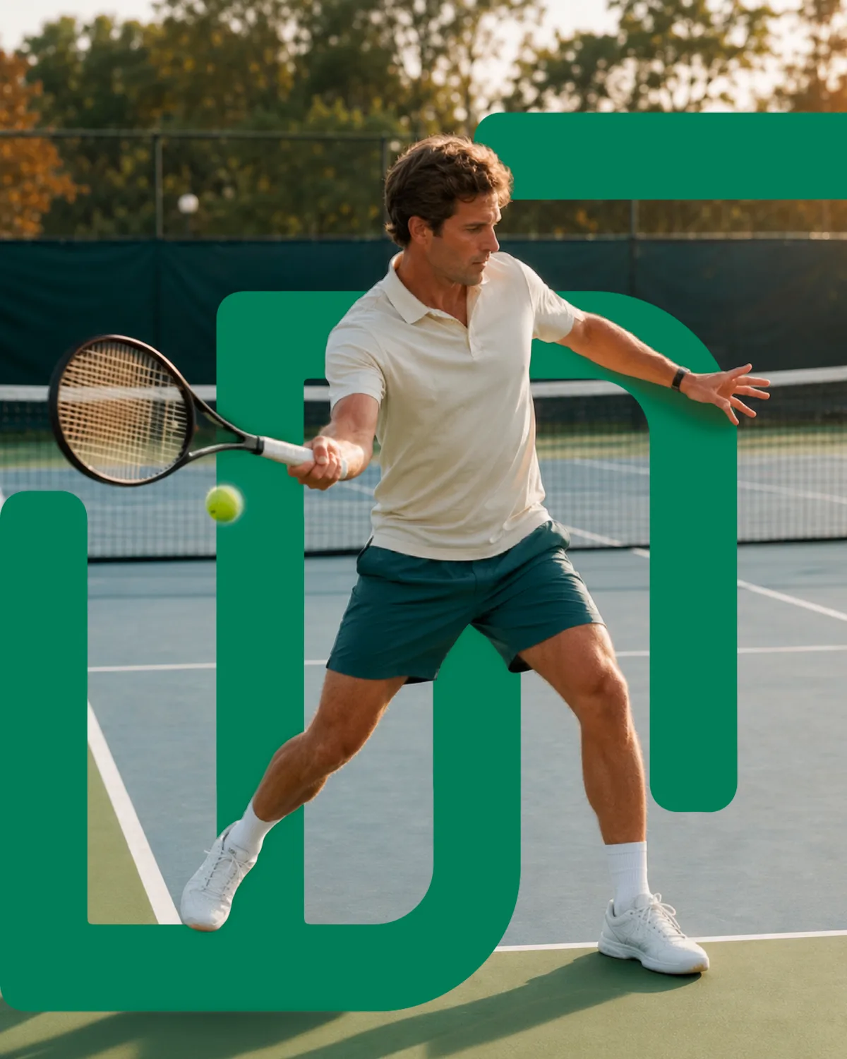 Jogador de tênis executando um forehand em quadra rápida, com a rede ao fundo