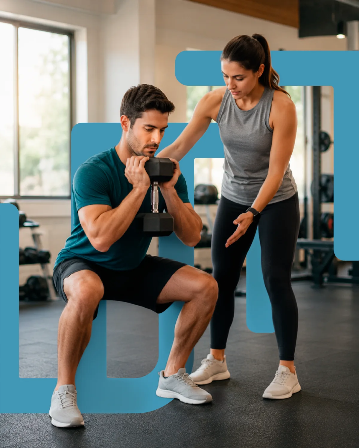 Personal trainer orientando um aluno em um agachamento com halter na academia